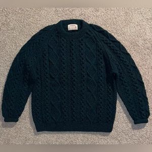 Hand-knit Aran Irish Sweater. Dark green.